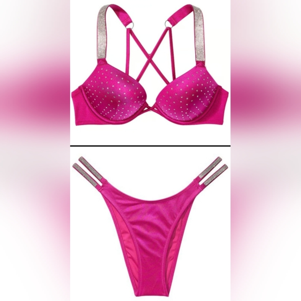 38D/XL VS Swim Diamanté Shine Strap Bombshell Bikini Top Brazilian Bikini Set